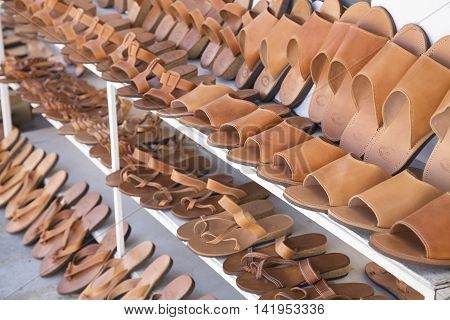 Row of the hand made leather slippers