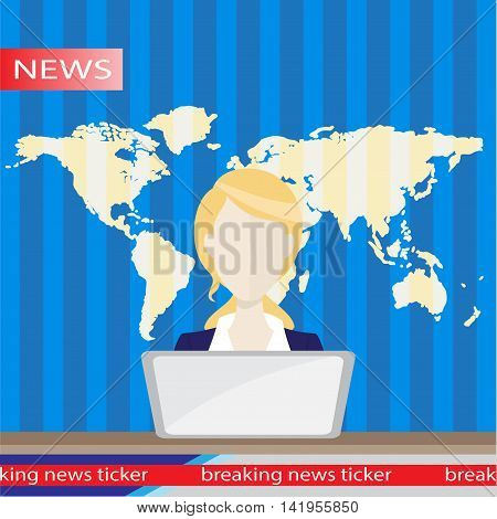 Anchorman on tv broadcast news. Anchorman flat vector illustration. Anchorman with the release of breaking news.