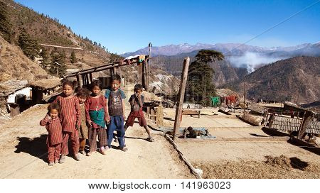 RARA NATIONAL PARK WESTERN NEPAL 27th NOVEMBER 2013 - group of small children in western Nepal near Rara lake