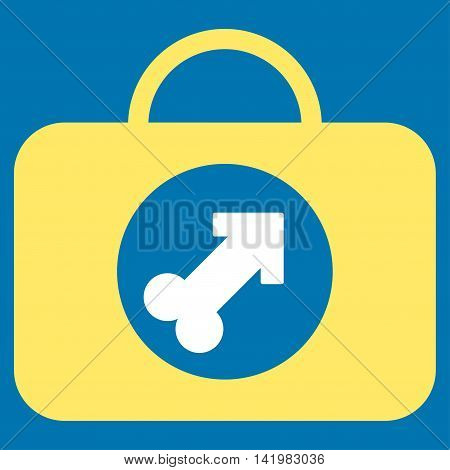 Male Erection Case vector icon. Style is bicolor flat symbol, yellow and white colors, rounded angles, blue background.