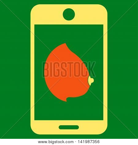 Mobile Erotic Tit vector icon. Style is bicolor flat symbol, orange and yellow colors, rounded angles, green background.
