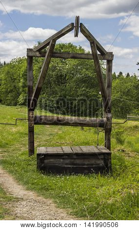 handly wooden oil pump of 19th century at Schidnica L'viv region Ukraine