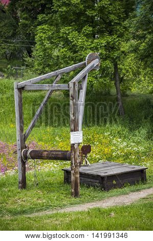 handly wooden oil pump of 19th century at Schidnica L'viv region Ukraine
