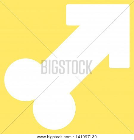 Male Sexual Symbol vector icon. Style is flat symbol, white color, rounded angles, yellow background.