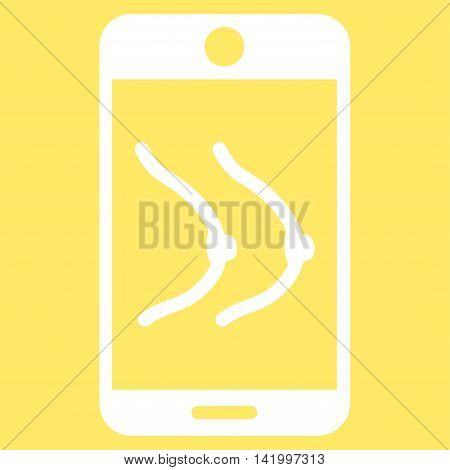 Mobile Erotics vector icon. Style is flat symbol, white color, rounded angles, yellow background.