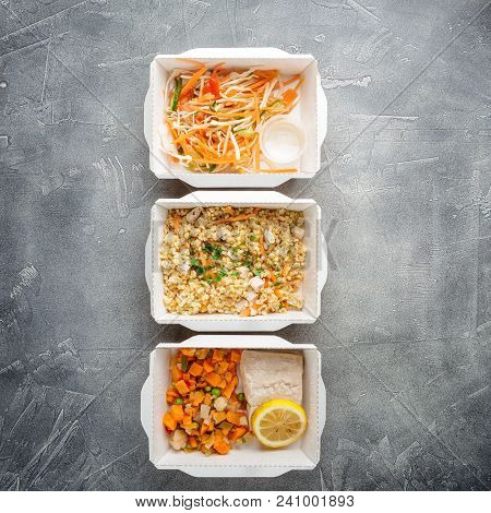 Healthy Food Delivery. Pilov From Bulgur With Chicken, Cabbage Salad With Carrots, Tomatoes And Cucu