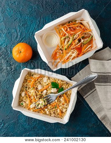 Healthy Food Delivery. Pilov From Bulgur With Chicken, Cabbage Salad With Carrots, Tomatoes And Cucu