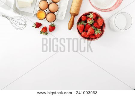 Recipe For Strawberry Pie. Raw Ingredients For Cooking Strawberry Pie Or Cake On White Background Wi