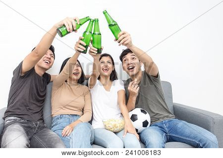 Young Asian People Watching Television Together. People Wacth World Cup Soccer With Happy Emotion. P