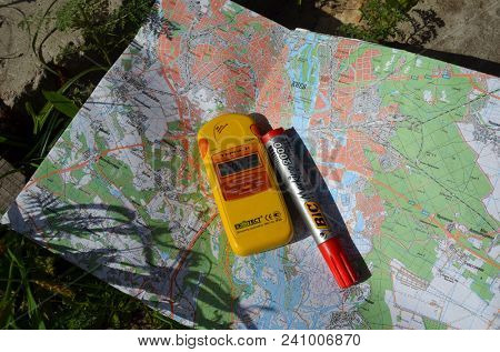 The study of the radiactive zones of Kiev. The radiometer Terra-P shows the normal level. May 16, 2018. Kiev,Ukraine
