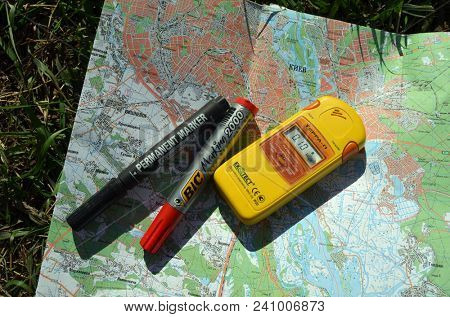 The study of the radiactive zones of Kiev. The radiometer Terra-P shows the normal level. May 16, 2018. Kiev,Ukraine