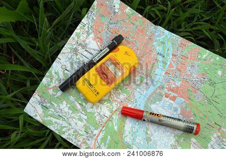 The study of the radiactive zones of Kiev. The radiometer Terra-P shows the normal level. May 16, 2018. Kiev,Ukraine