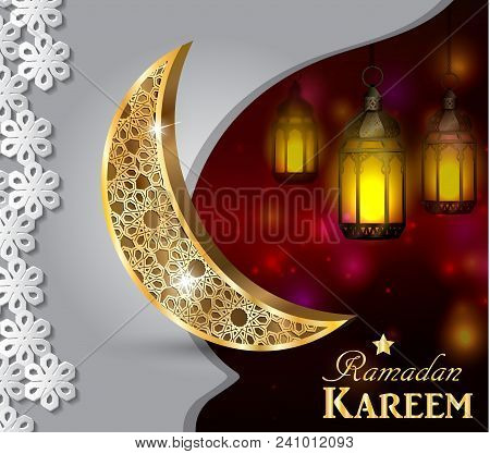 Ramadan Greetings Gold Moon On A Dark Background With Paper Ornament And Maroccan Lanterns