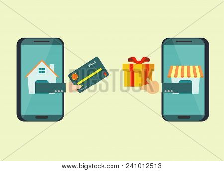 Man Use Credit Card To Shopping Online And Receive A Gift Box From Smart Phone. E-commerce Concept. 