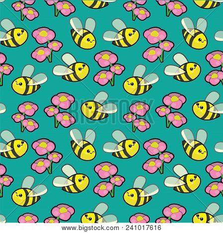 Seamless Pattern With Cute Bees And Flowers On Blue Background.