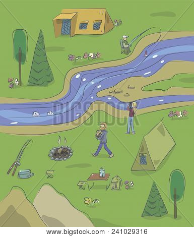 Camping Tourist Season Vacation On The River Bank Bonfire Tourists Nature Mountains Forest Fishing C