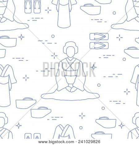 Seamless Pattern With Asian Woman, Traditional Japanese Clothing, Shoes. Travel And Leisure.