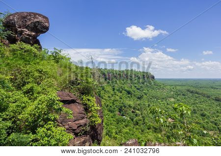 Beautiful Scenery Of The Sandstone Cliff With The Jungle And Blue Sky In The Background, Phu Sing, B