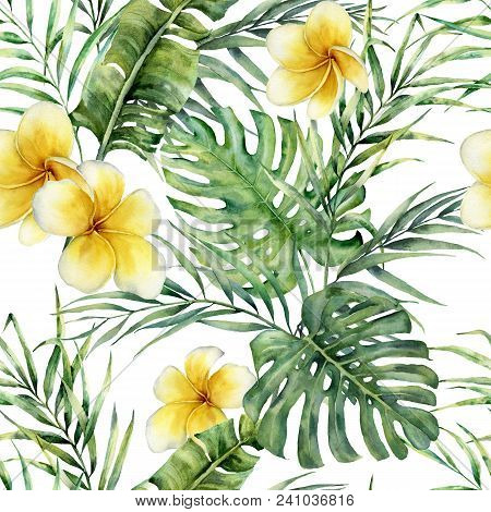 Watercolor Palm Leaves And Plumerial Pattern. Hand Painted Tropical Frangipani With Monstera And Pal