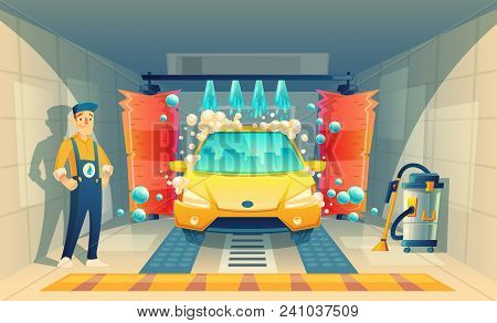 Vector Automatic Car Washing, Service With Cartoon Character In Box, Yellow Vehicle Inside The Garag