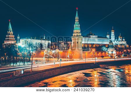 Spectacular view of the Kremlin from the Big Stone (Bolshoy Kamenny) Bridge of the Moscow River. Kremlin wall, Towers and Grand Kremlin Palace. Russian Federation.