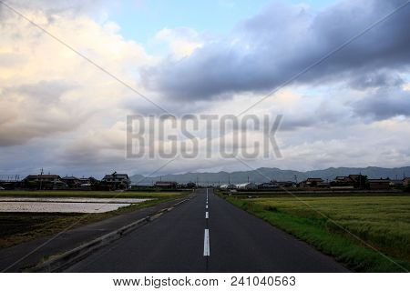Straight Country Road Between Green Rice Fields Under Cloudy Sky