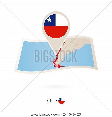 Folded Paper Map Of Chile With Flag Pin Of Chile. Vector Illustration