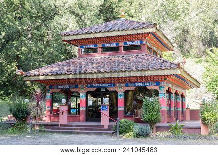 Land Of Medicine Buddha Temple. Soquel, Santa Cruz County, California, Usa. Buddhist Shrine With Lan