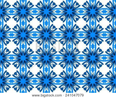 Abstract Geometry Cornflower Blooms Seamless Pattern. Blue Flowers Isolated On White Background Orie