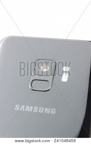 March 2018. Samsung Galaxy S9 Close-up On A White Background. A Camera Of A New Smartphone From Sams