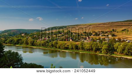 Dnister River Landscape In Ternopil Region Of Western Ukraine. Idillyc View To The Small Villadge