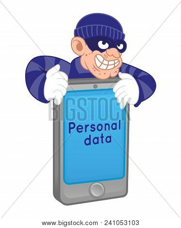 Cartoon Character Dangerous Criminal Insidious Thief Hacker Dressed In Dark Mask Stolen Personal Dat