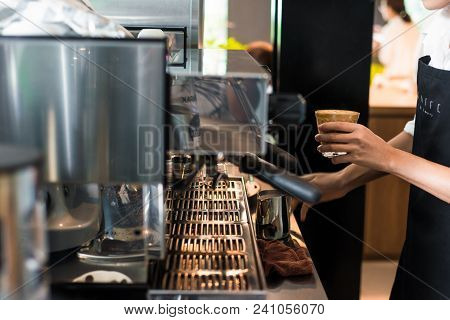 Barista Hand Make Baverage From Coffee Machine In Coffee Shop