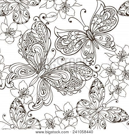 Hand Drawn Flowers And Butterflies For The Anti Stress Coloring Page. Floral Seamless Ornament With 