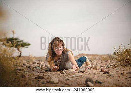 Girl Have Fun In Desert In A Summer Day