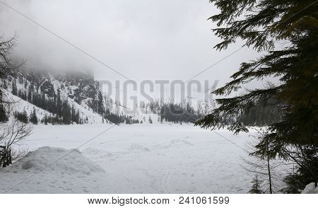 Pragser Wildsee Or Lake Braies Or Lake Prags With Snow In South Tyrol Italy