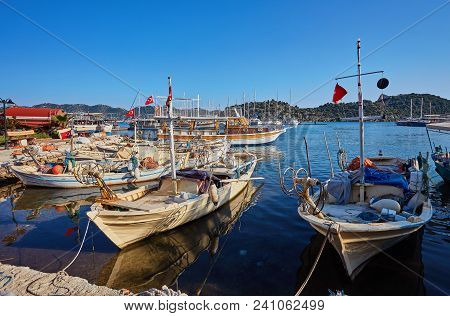City Dock Of Boats. Marine Parking Of Boats And Yachts In Kekova Is A Sunken City In Turkey.