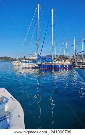 City Dock Of Boats. Marine Parking Of Boats And Yachts In Kekova Is A Sunken City In Turkey.
