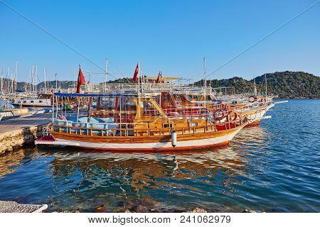 City Dock Of Boats. Marine Parking Of Boats And Yachts In Kekova Is A Sunken City In Turkey.
