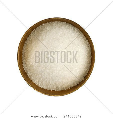Close Up One Vintage Bronze Metal Bowl Full Of White Sugar, Isolated On White Background, Elevated T