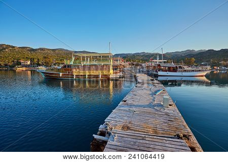 City Dock Of Boats. Marine Parking Of Boats And Yachts In Kekova Is A Sunken City In Turkey.