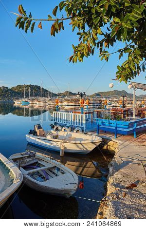 City Dock Of Boats. Marine Parking Of Boats And Yachts In Kekova Is A Sunken City In Turkey.