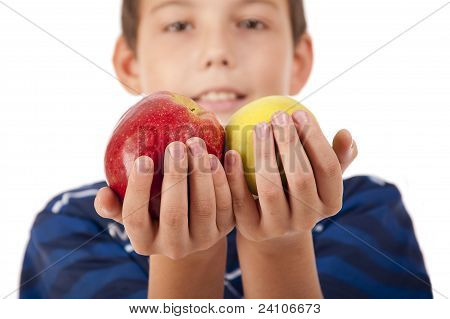 The Boy Holds Two Apples