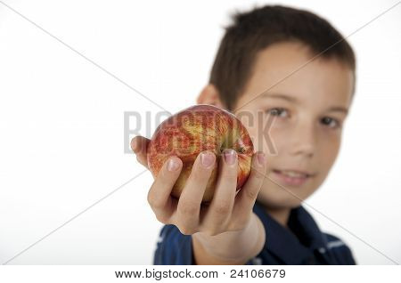 The Boy Holds A Red Apple