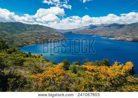 Lake of Cochrane with clear blue water during sunny day. Patagonia, Chile