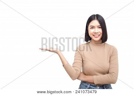 Young Asian Women Showhand For Present Something With Happy Emotion Isolated On White Background.