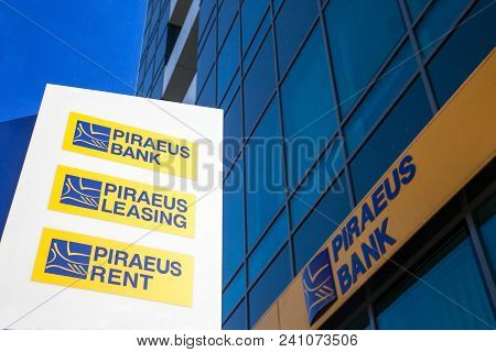 Belgrade, Serbia - April 29, 2018: Logo Of Piraeus Bank On Their Local Headquarters For Serbia. Pira