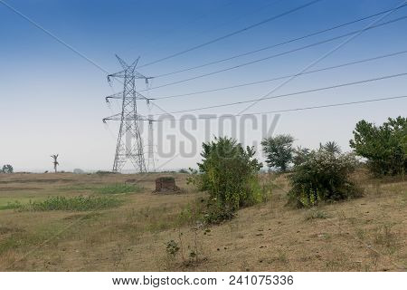 Electrical High Voltage Power Lines At Purulia, West Bengal, India. Electrical Power Is Distributed 