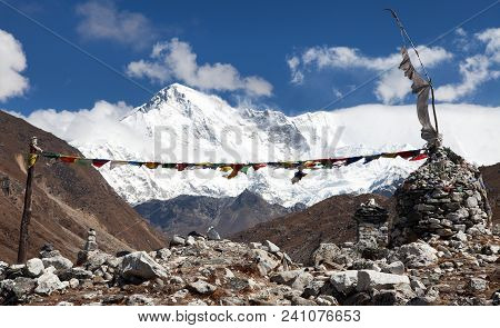 Mount Cho Oyu With Prayer Flags And Stone Pyramid - Way To Cho Oyu Base Camp, Gokyo Valley, Everest 