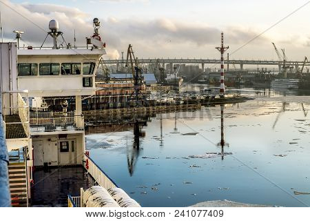 Saint-petersburg.russia.6 April 2018.view Of Cranes And Ships In The Sea Cargo Port Of St. Petersbur